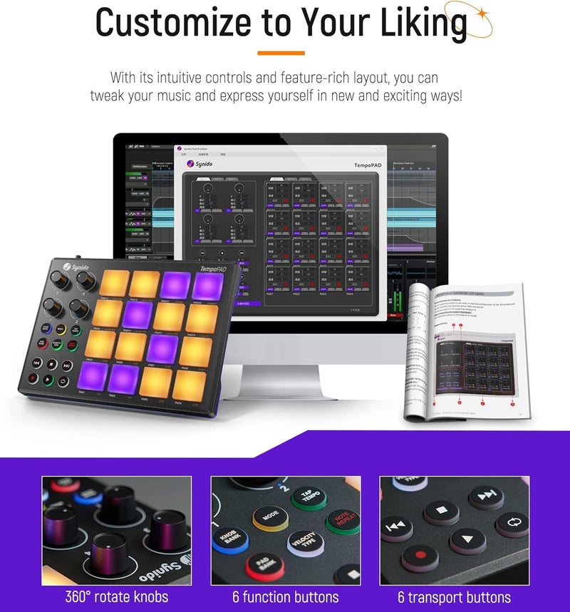 Synido TempoPAD MIDI Drum Controller, 16 RGB Backlit Beat Pads, 4 Assignable Knobs, USB Portable Music Production, Black - Image 5